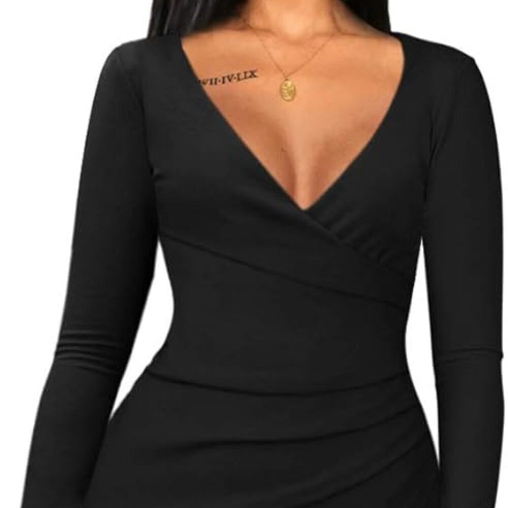 TOB Long Sleeves Deep V-Neck Bodycon Cocktail Party Mini Dress NWT